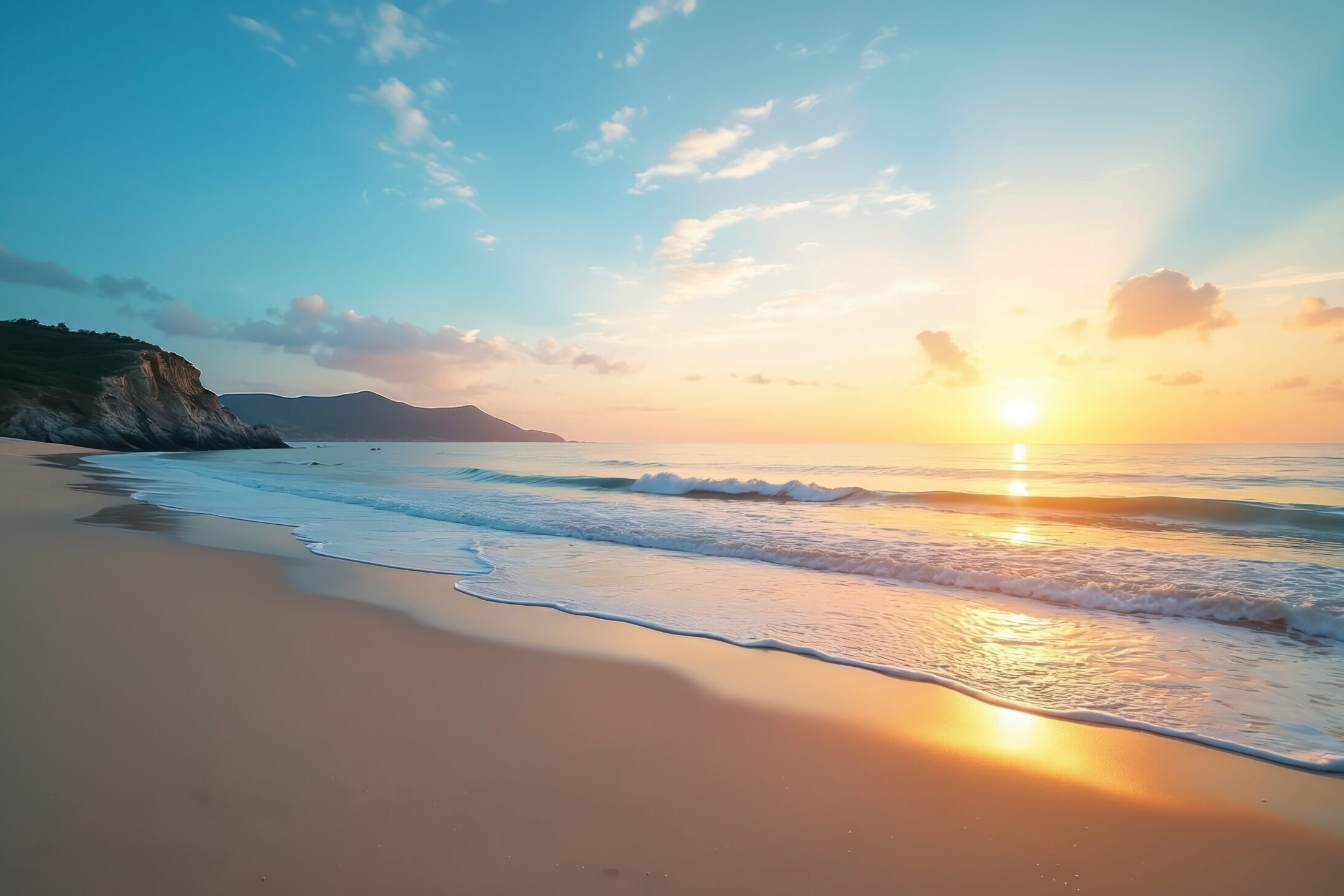 Golden sun sets over calm ocean beach with soft light. Gentle waves roll onto vast sand shore. Coastal mountains, green hills meet blue sea. Sky soft clouds. Tropical nature scene peaceful, great for